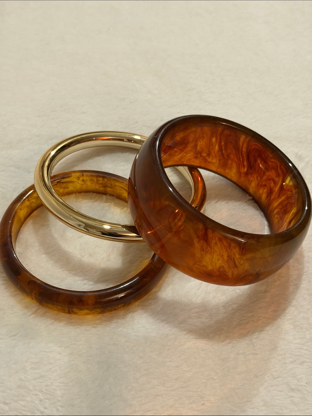 3pc Amber Acrylic & Gold Tone Bangle Bracelet Set Chunky Statement